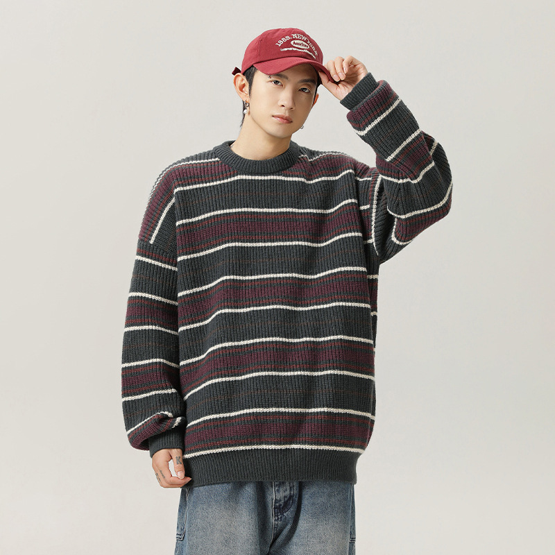 Designer Sweater Color Block Striped Crew Neck Sweater For Men Autumn And Winter Thick Knit Loose Fit Lazy Style Soft Pullover Knitwear Jacket