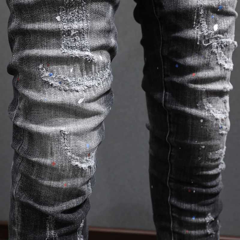 Street Fashion Men Jeans Retro Black Gray Elastic Slim Ripped Jeans Men Vintage Trousers Patched Painted Designer Hip Hop Pants J251030