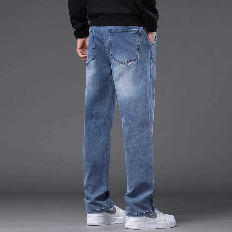 Autumn Winter Blue Jeans Men Drawstring Elastic Waist Cotton Cargo Denim Pants Work Fashion Thick Trousers Male Plus Size M4XL J251030