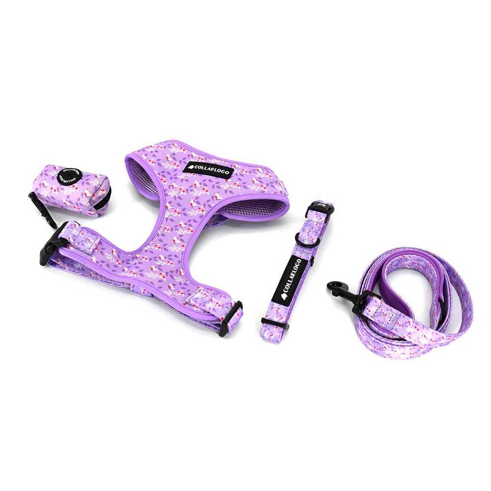 Adjustable Pet Dog Collar Durable Soft Cute Creative Colored Purple Brid Design Leash Neoprene Harness With Poop Bag Dispenser J251129