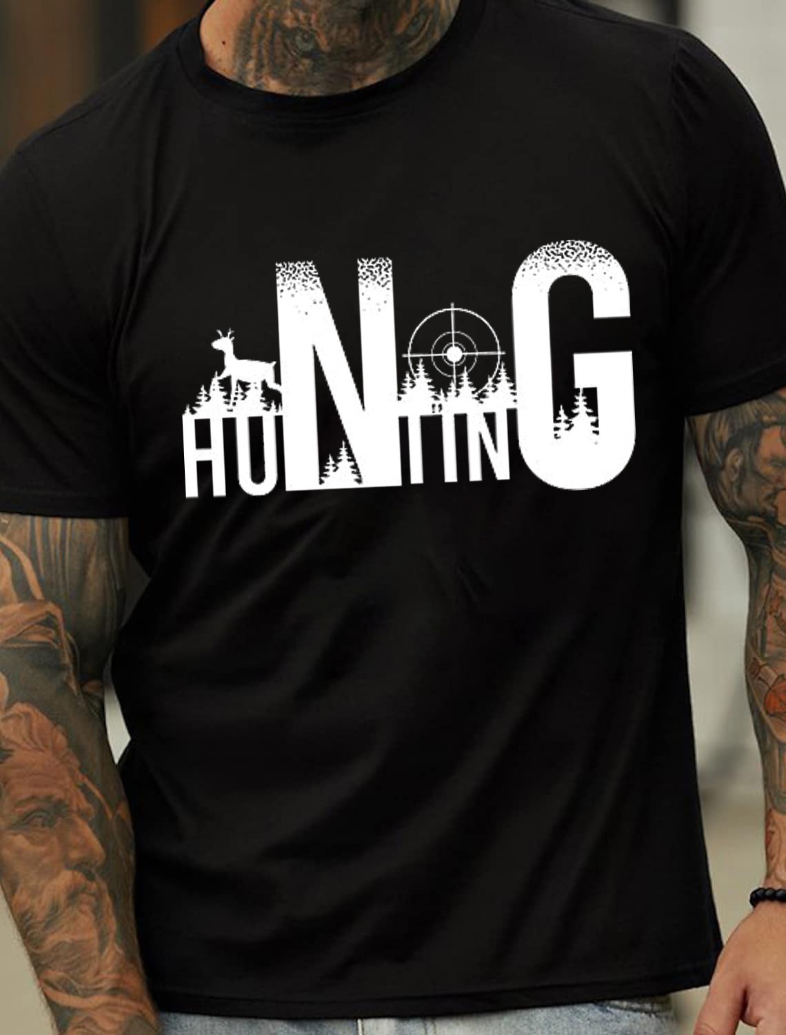 Europe & America Oversized Forest Hunting HUNTING Letter Print Men's Cotton Summer T-Shirt - TT7081