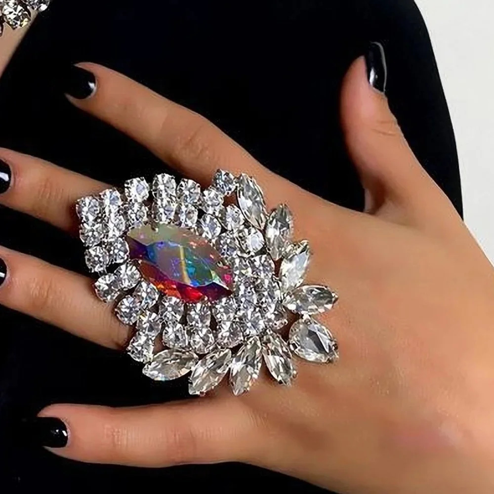 Shiny Colorful Crystal Large Rings Adjustable Wedding Jewelry Exaggerated Rhinestone Finger Rings Jewelry Accessories 251023