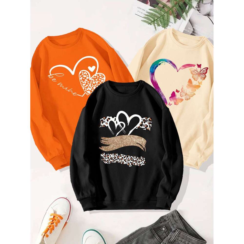 Women S Pcs Gradient Heart Butterfly Letter Print Sweatshirt Set Cozy Round Neck Hoodies With Love Phrases Leopard Accent Mermaid Tail Designs In Red 