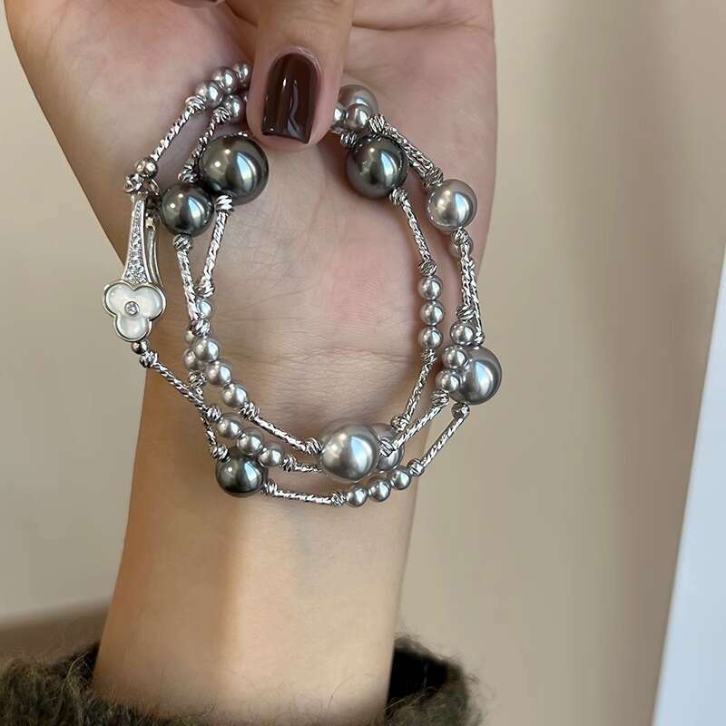 Mother-of-Pearl Ruyi Buckle Starry Sky Genuine Hemp Gray Shijia Pearl Necklace Fashionable Temperament Internet Celebrity Long Sweater Chain