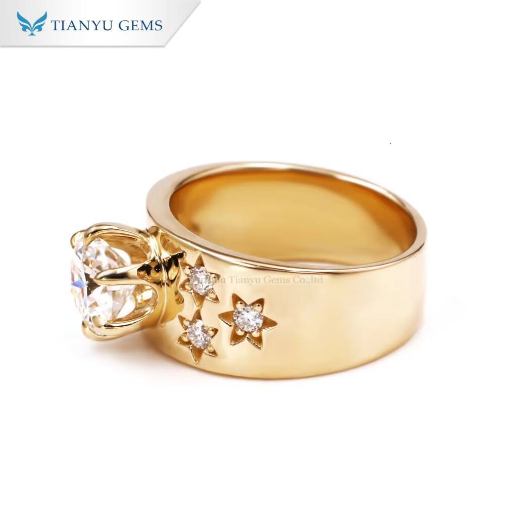 Tianyu Gems Pure Yellow Gold Carved Stars with Diamond Wide Band Men Ring