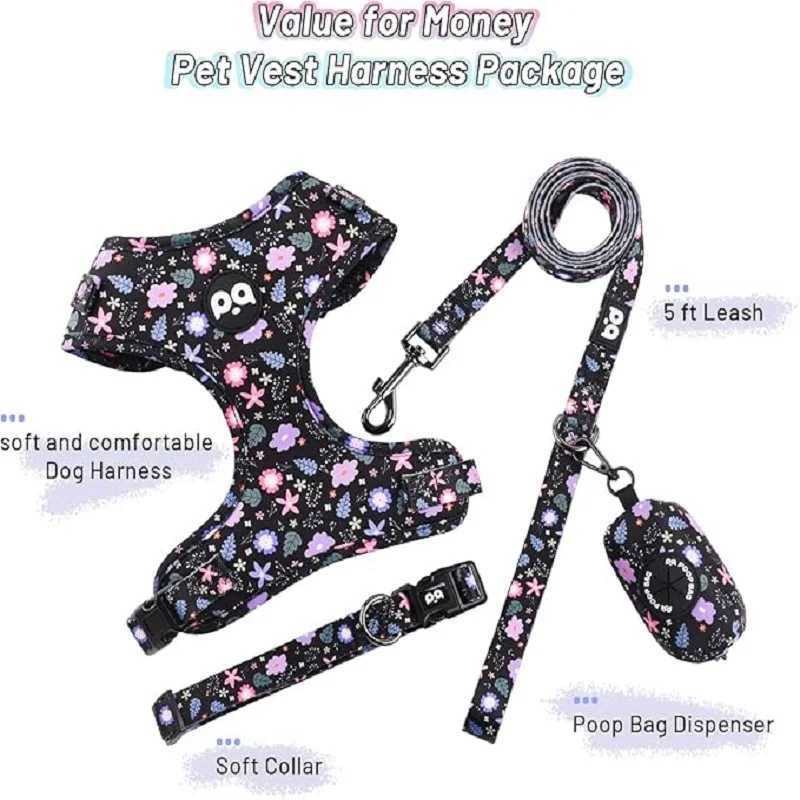Dog harness collar leash bracket with poo bag 4 sets adjustable nonpull soft net cushion back heart combination J251129
