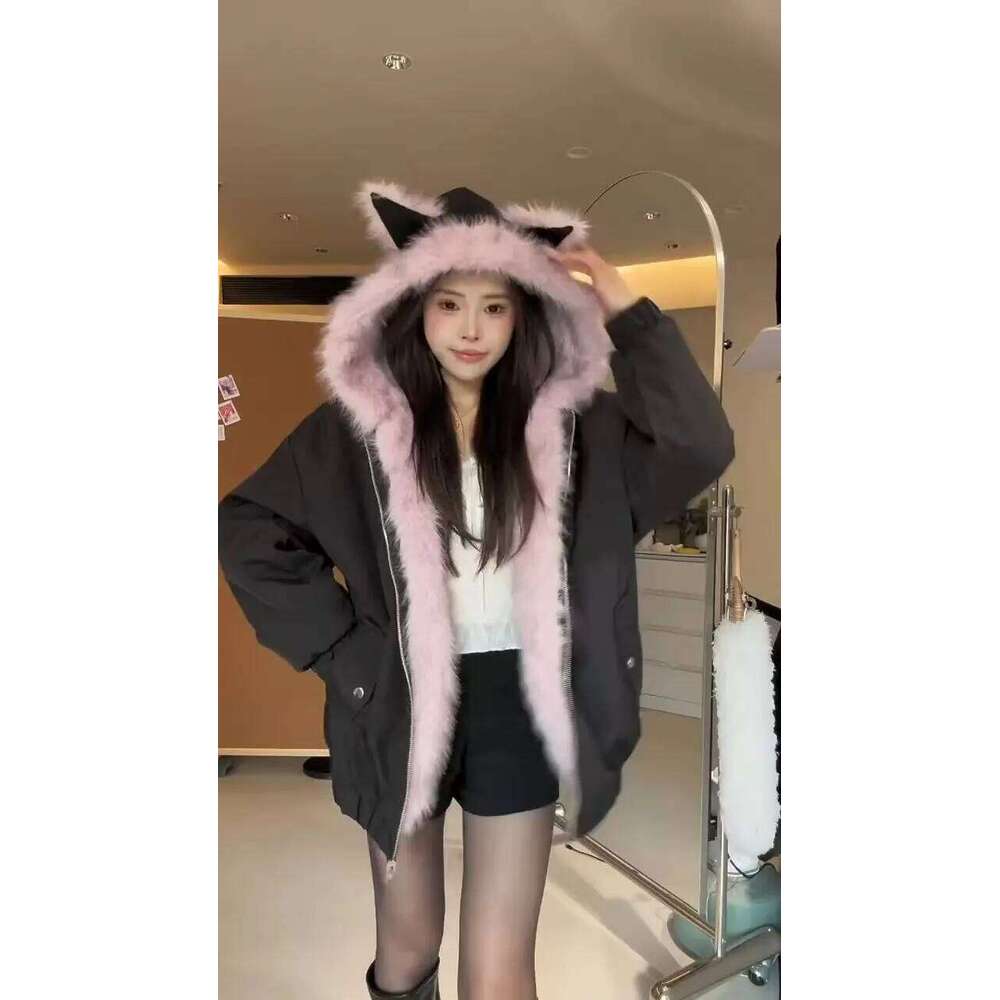 Reversible Rabbit Ear Hooded Jacket Women Winter Pink Plush Fleece Lined Warm Dual Wear Soft Teddy Coat