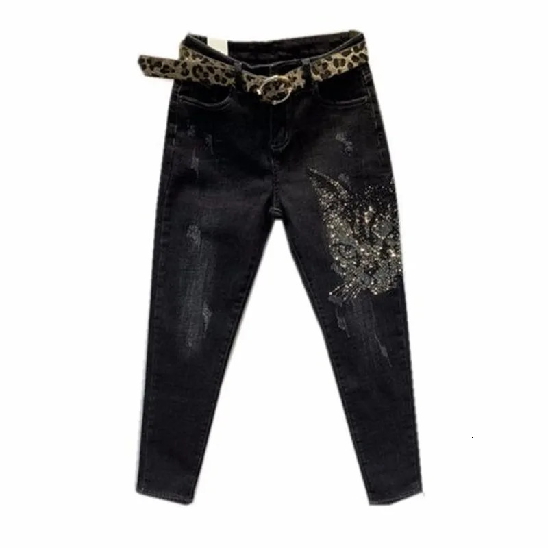 Spring Autumn Women Vintage Black Loose Diamonds High Waisted Jeans Streetwear Anklelength Denim Pants Trousers 251029
