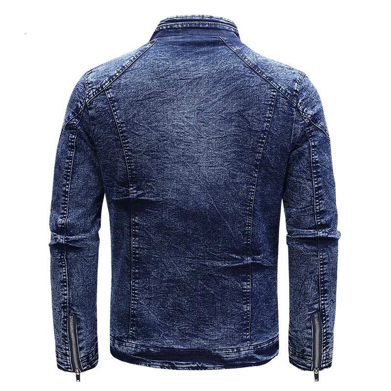 Motorcycle Denim Jacket Men Retro Zippers Stand Collar Coats Mens Cotton Slim Fit Moto Biker Outerwear 251029