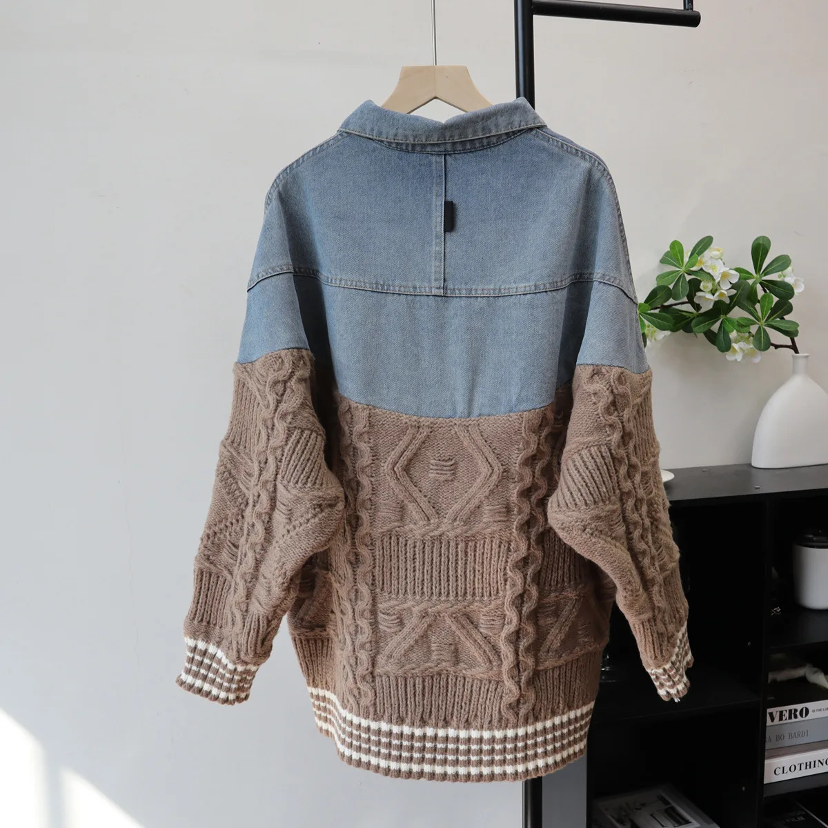 Women Denim Knitted Cardigan Sweater Spliced Jumper Turn Down Collar Long Sleeve Single Breasted Loose Casual 2025 Autumn Winter 251029