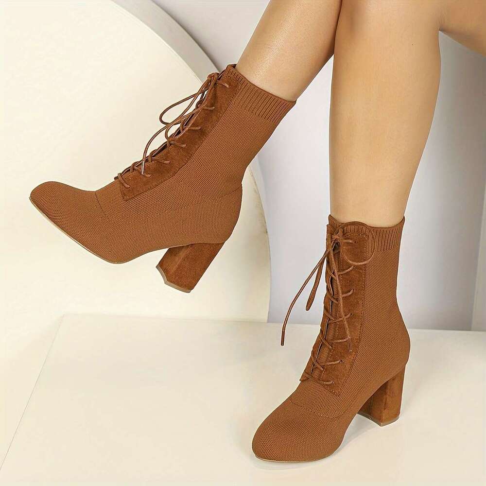 Women's High Heeled With Heels Fly Woven Uppers, Tied Straps, Thick Heels, Round Toe, Midsole Boots Are Fashionable And Suitable For Daily Wear