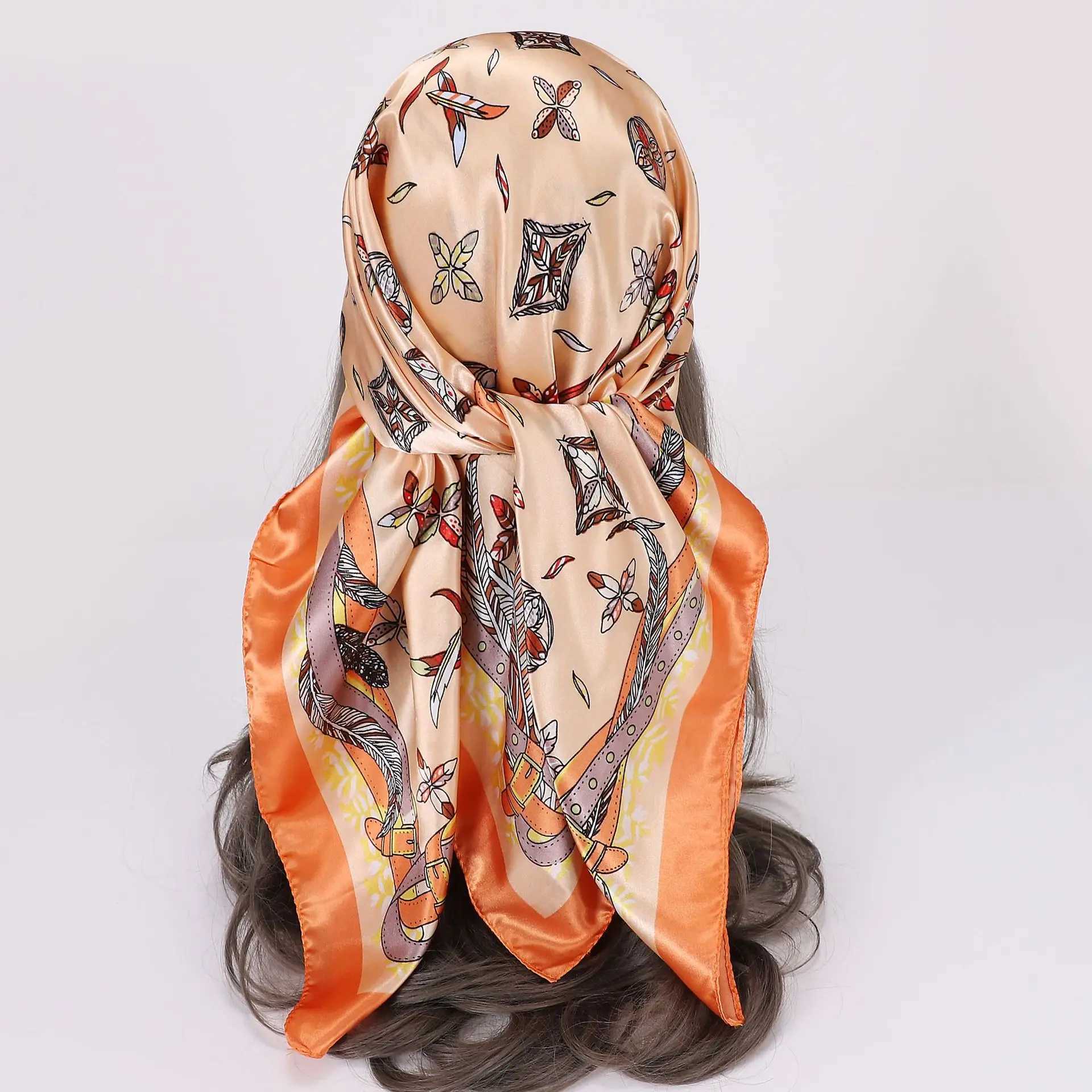 Faux Silk Scarf for Women 90x90cm Square Patterned Neck Wrap Lightweight Shawl Fashionable Head ScarfW251029