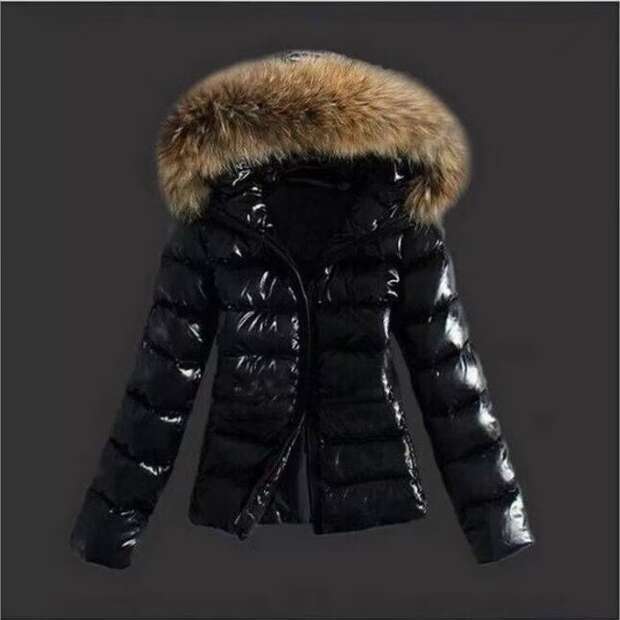 Women's slim fitting short cotton coat fur large fur collar swing hood warm jacket