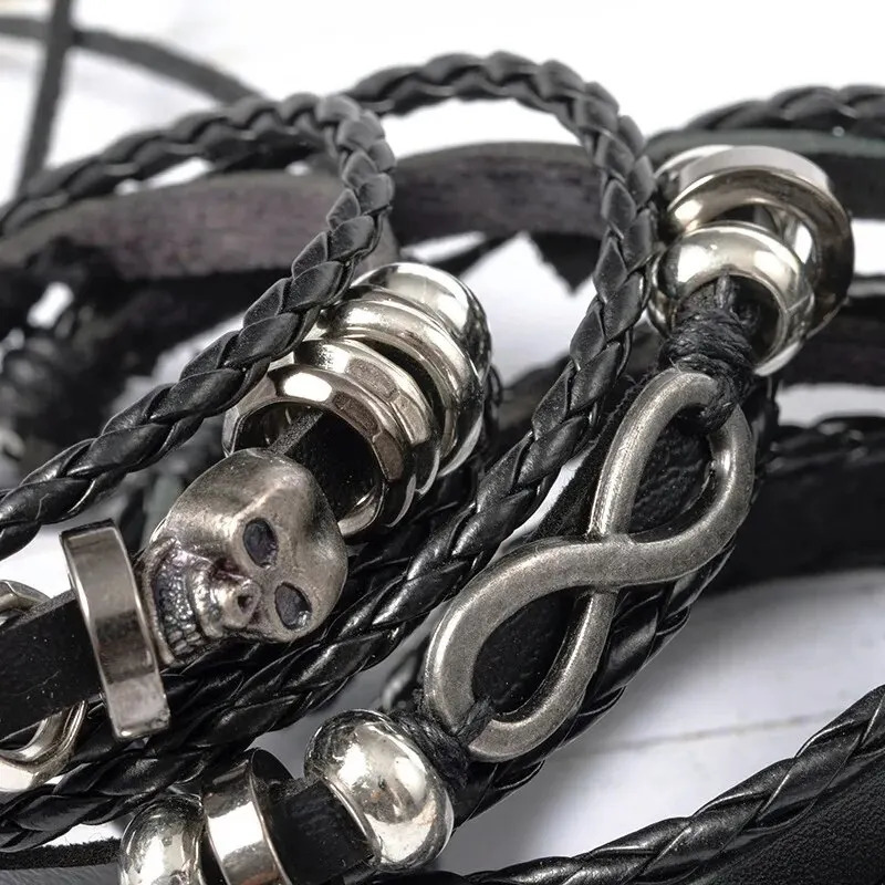 5pcs Metal Diy Braided Punk Style Bracelet Set Featuring Pu Leather And Beads 251028