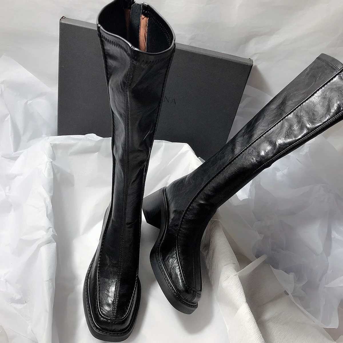 Autumn Winter New Highheeled Womens Boots Square Toe Elastic Boots Thick Heel Knee High Boots Z251029