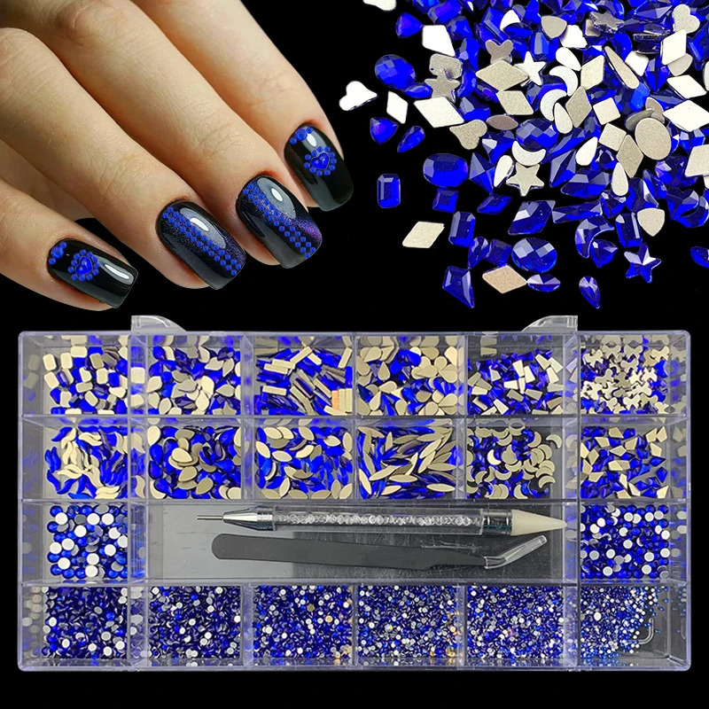 1 Box Shiny Diamond Nail Art Rhinestones Kit Glass Crystal Decorations Set 1pcs Pick Up Pen In Grids Box 21 Shapes 251027