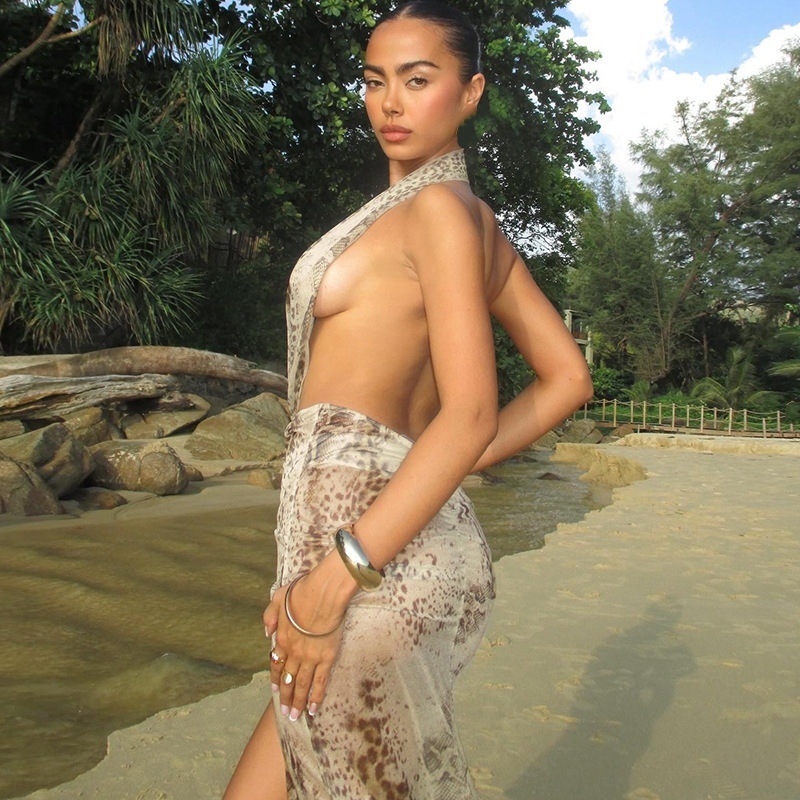 womens color block print deep v backless dress hollow out bodycon maxi dress