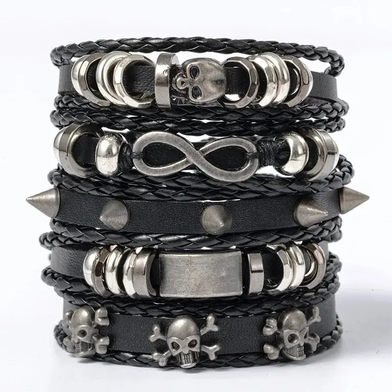 5pcs Metal Diy Braided Punk Style Bracelet Set Featuring Pu Leather And Beads 251028