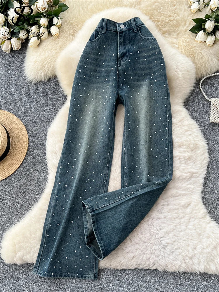 SINGREINY American Retro Diamonds Jeans Female High Waist Pockets Zipper Wide Legs Trousers Streetwear Loose Denim Long Pants 251029