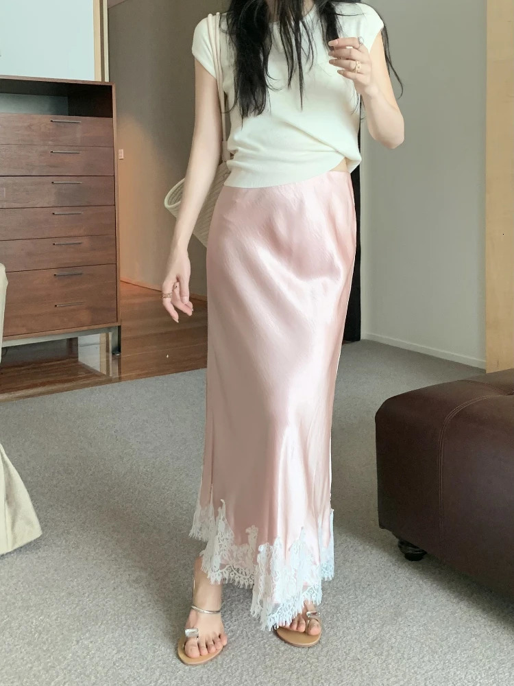 Satin Lace Patchwork Midi Skirt 2025 Women Aline Elegant Smooth Skirt Women Clothing 251028