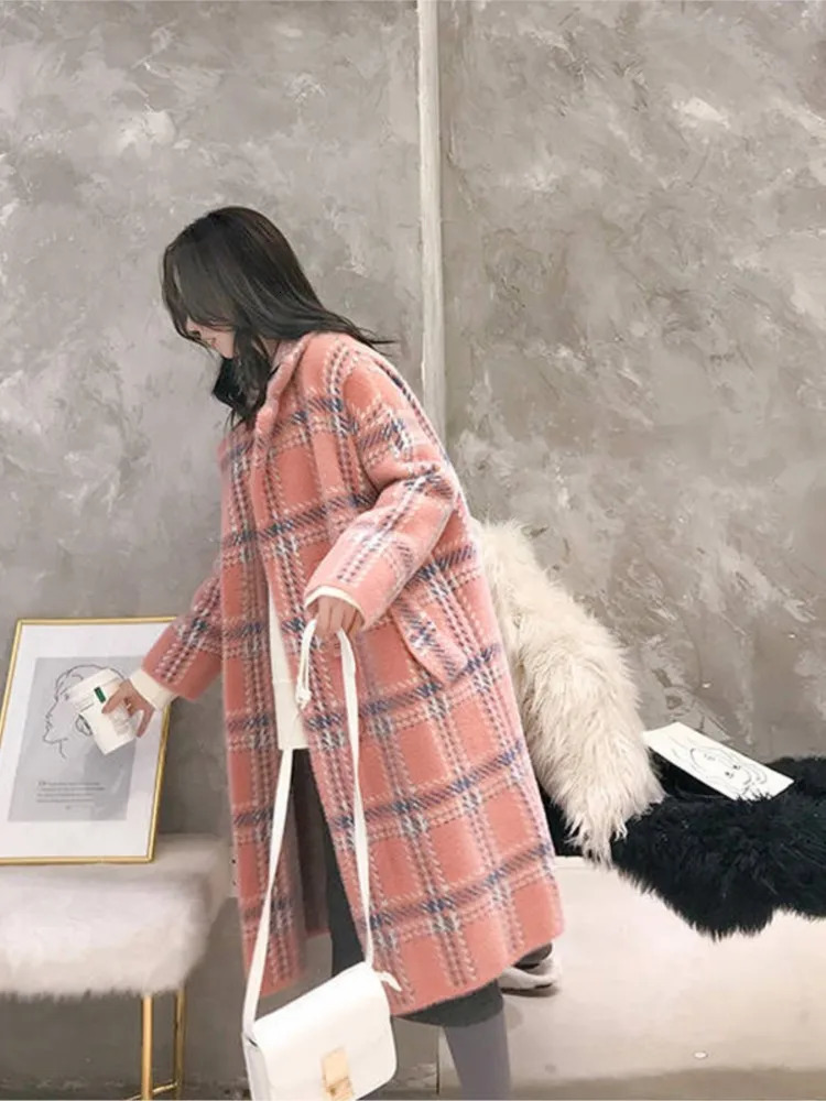 Bella Winter Plaid Women Faux Mink Cashmere Woolen Coat ladies casual turndown collar coats female warm outwear 251010