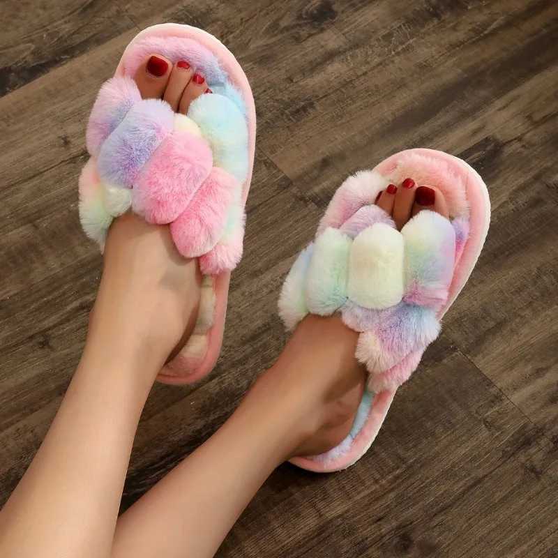 Winter Rainbow Slipper Ladies Women Colorful Plush Warm Flooring Non Slip Home House Shoes Flats Fluffy Family Footwear H251030