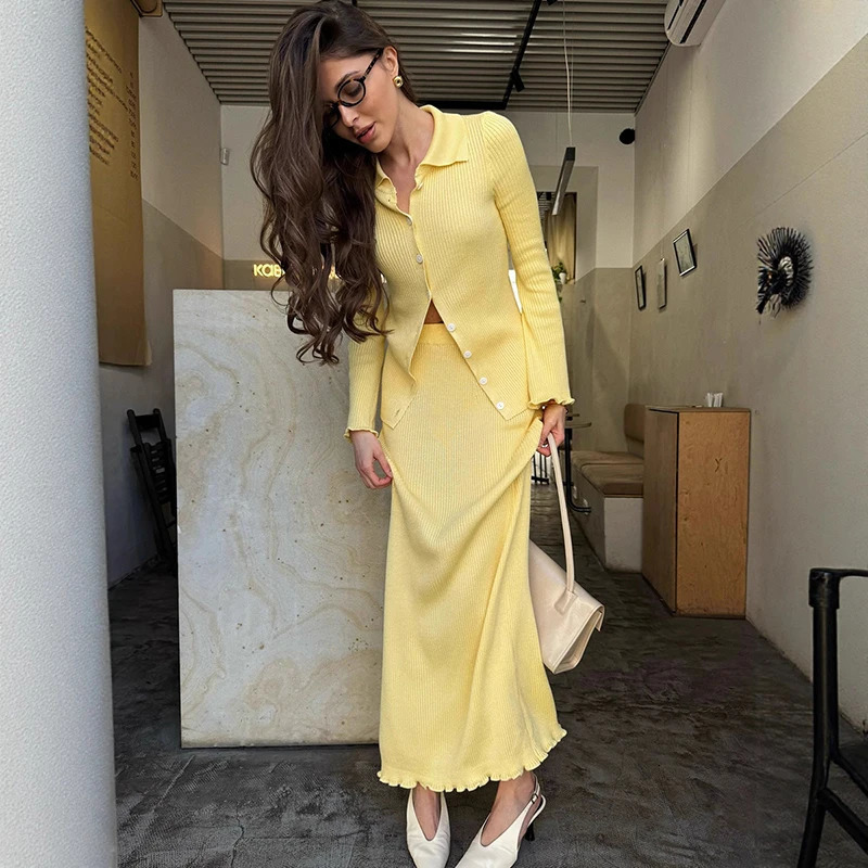 Tornova Womens Fungus Knitted Sweater Set POLO Long Sleeve Cardigan Slim Maxi Skirt Fashion 2 Piece Set High Waist Commuting251027