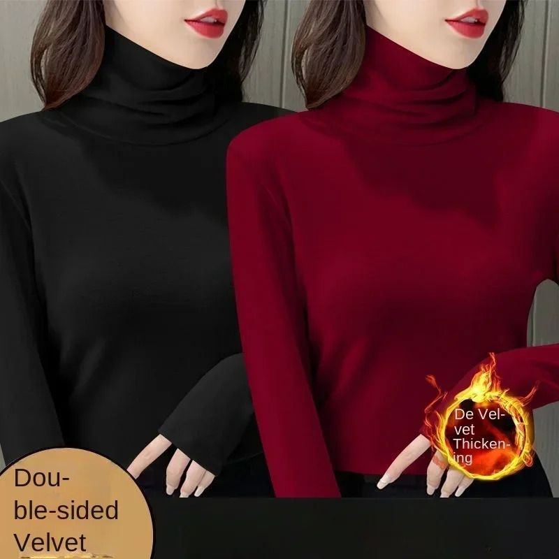 Women Thermal Underwear Winter Thicken Turtleneck Bottom Shirt De Velvet Warm Tops Semi High Collar Neck Long Sleeve Pullovers 251030