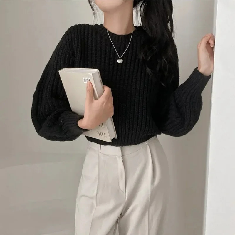 Casual Solid Color Knit Pullover Fashion Short Knitted Top Autumn Winter Elegant Oneck Long Sleeve Sweater Sweet Loose Knitwear 251028