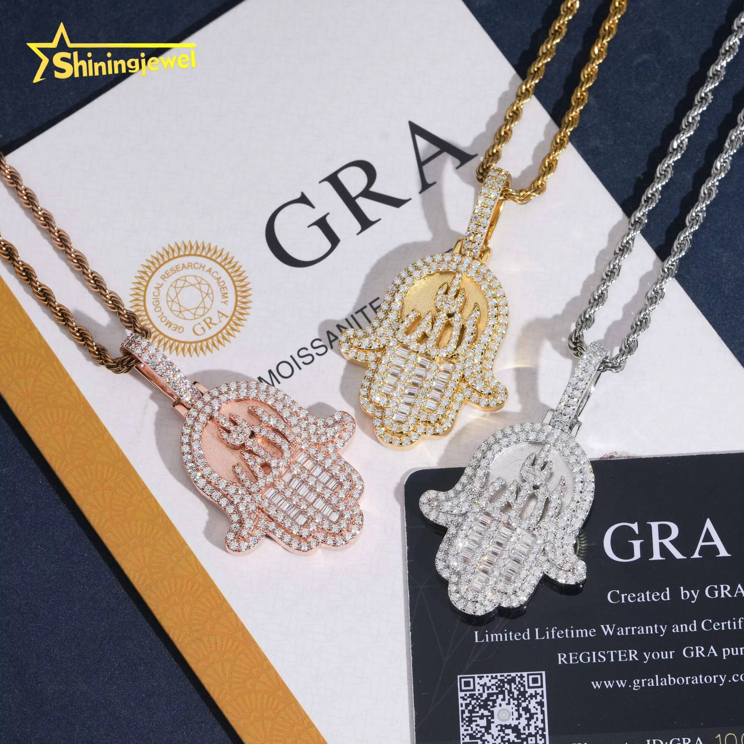 Classic 925 Silver Moissanite Hip Hop Jewelry Custom Iced Out Pendant VVS D Moissanite Diamond Hamsa Alllah Charm Pendant Designer's style