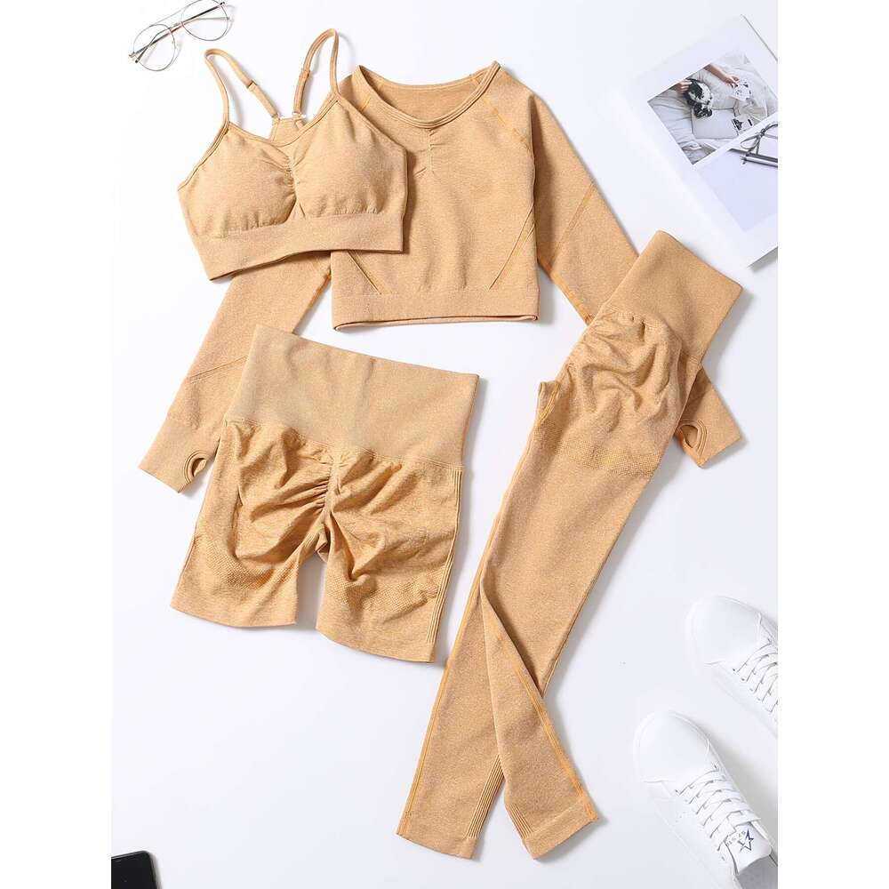 Smiling Face Style Workout Outfits for Women 4pcs Ribbed Seamless Crop Tank High Waist Yoga Leggings Sets