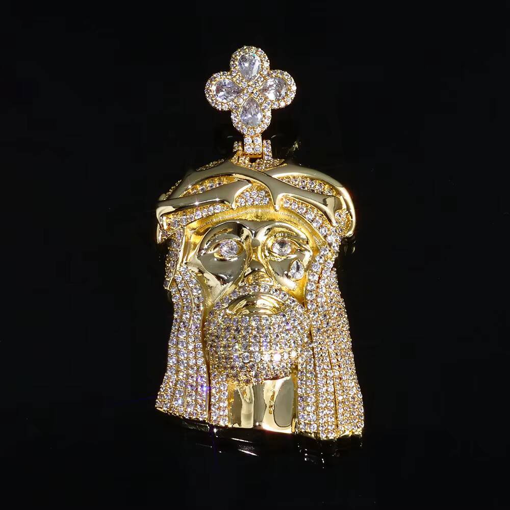 NUOYA Mens Diamond Jesus Head Pendant Necklace Inlaid Silver Gold Plated Christ Face Clover Hook Religious Jewelry Designer's style