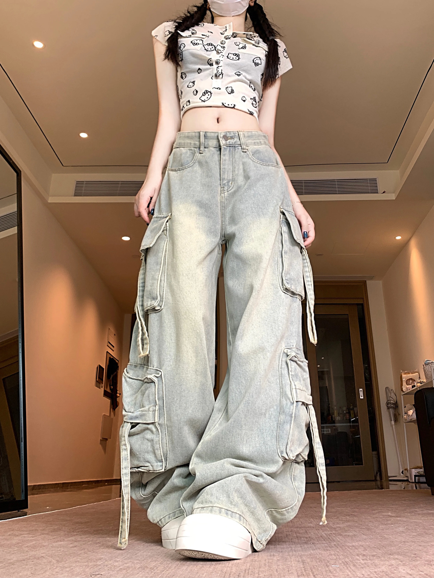 Womens Blue Multi Pocket Cow Pants Cargo Y2K Japanese Harajuku Streetwear Aesthetics Retro 90S Jeans Pants Clothing 2025 251029