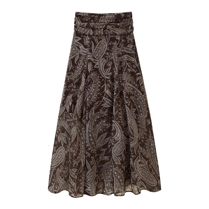 Ruffles Pleated Long Skirts For Women Fashion 2025 Vintage Printed Midi Skirt High Street Casual Chic Party Skirts 251028
