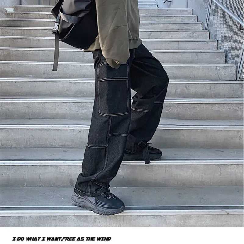 2025Autumn Cargo jeans men Wide Leg Denim pants Loose Jeans Straight Baggy Mens Jeans hip hop Streetwear Neutral denim Trousers J251030