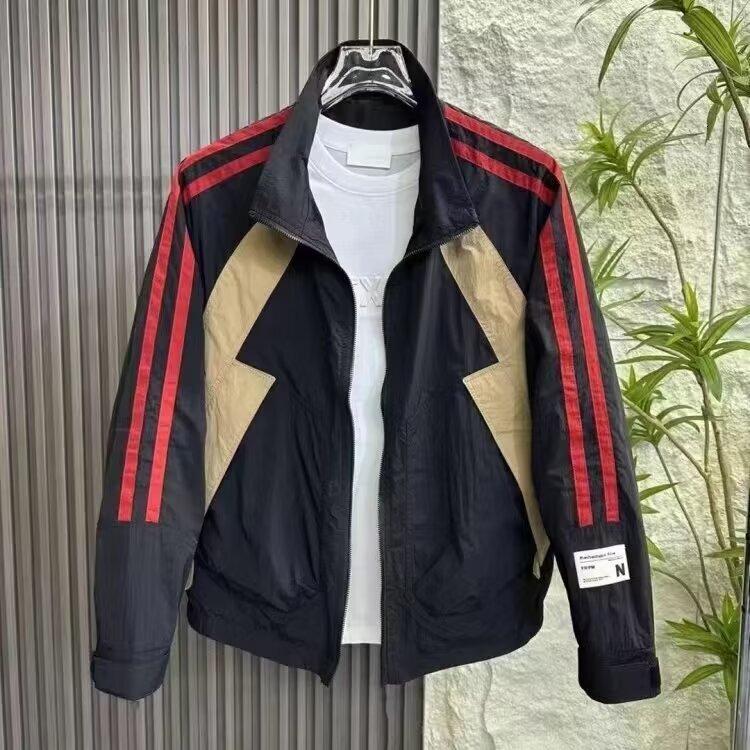 Spring New Men's Trendy Brand Zipper Jacket Stand Collar Workwear Designer Coat Jacket Color Block Casual Loose Sun Protection Clothing
