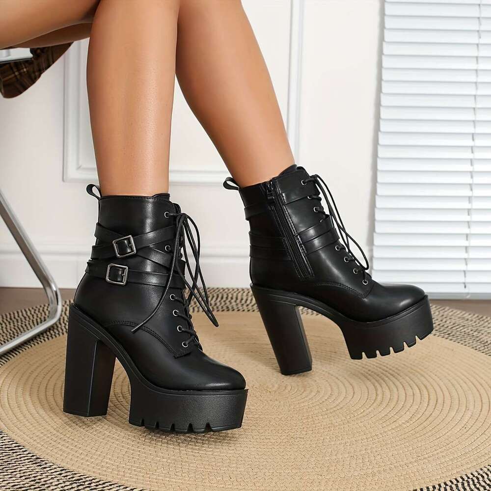 Women's Round Toe Platform Ankle Boots Buckle Detail - Chunky High Heel Booties With Side Zipper, Non-Slip Sole, Fabric Insole, Man-Made Upper PU