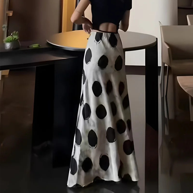 Summer Elegant Womens Satin Mermaid Skirt Fashion Polka Dot Printed Holiday Long Skirt Temperament Bag Hip Party Jupe 586P 251028