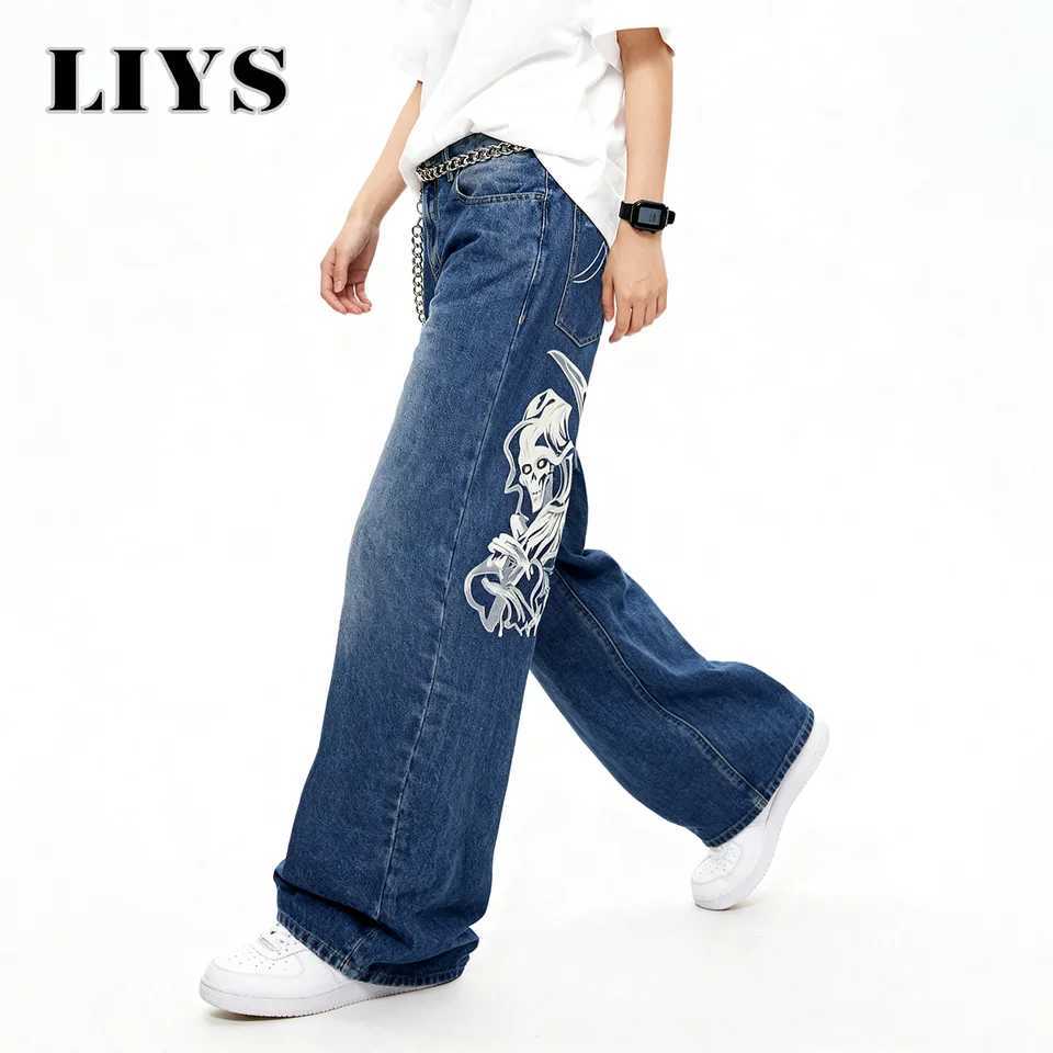 New Mens HipHop Skeleton Print Loose Straight Leg Jeans Autumn College Style Retro Blue Baggy Street Denim Pants Mens Clothes J251030