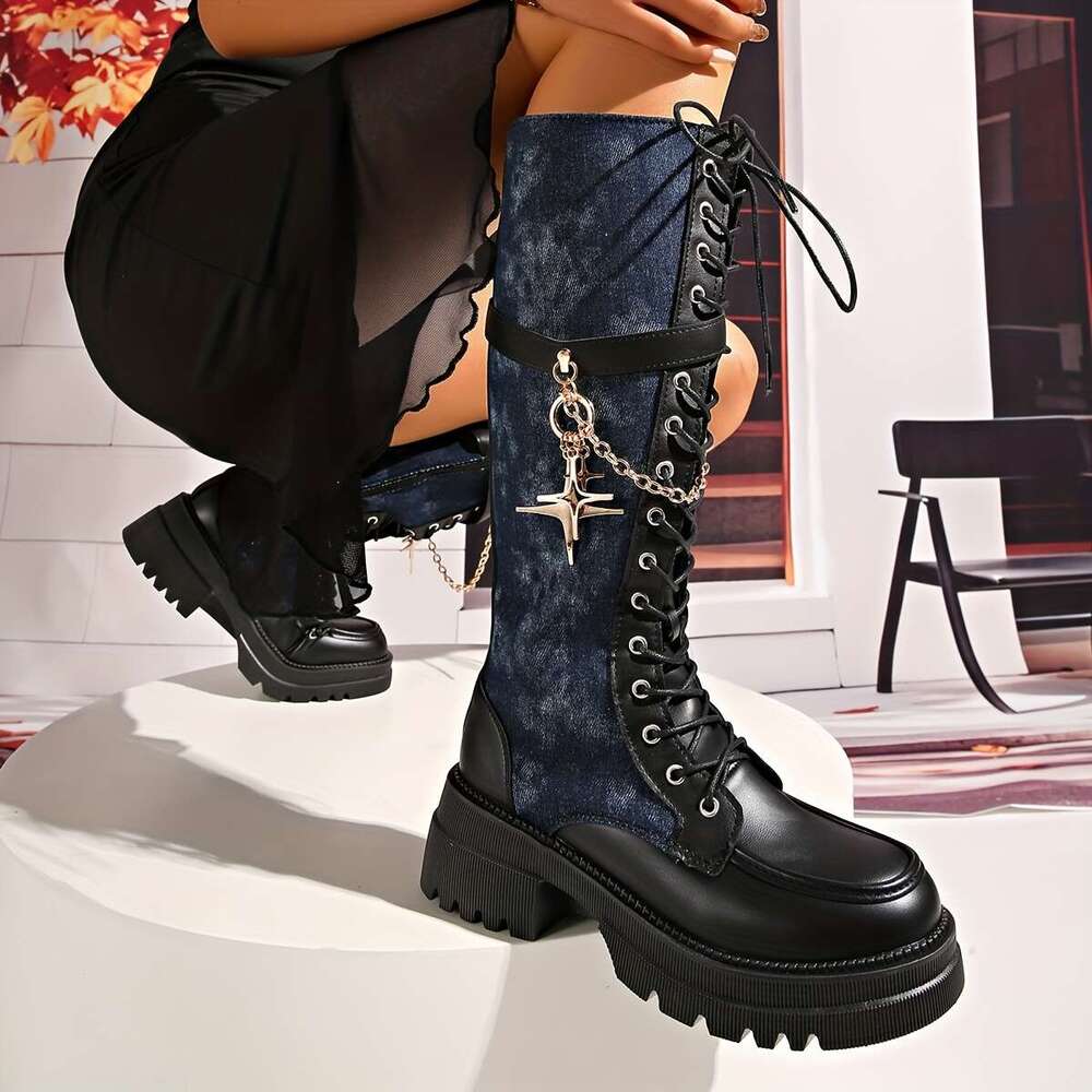 Women's Winter New Solid Color Patchwork Lace-Up Star Metal Chain Side Zipper Thick Sole Chunky Heel Knee-High Boots Fashion Versatile Casual Hig