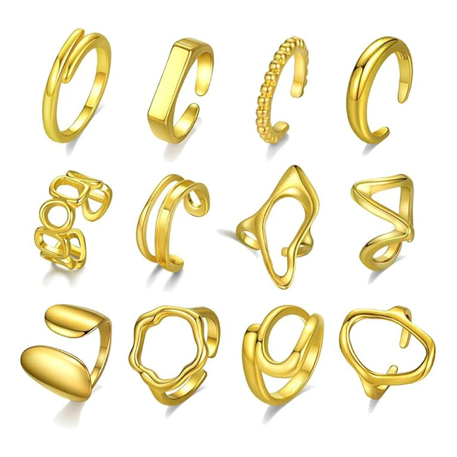 12Pcs Gold Stackable Rings 18K Gold Plated Chunky Knuckle Finger Ring Geometric Bead Cloud Wave Flower Hollow Statement Bands Signet Open Rings Adjust