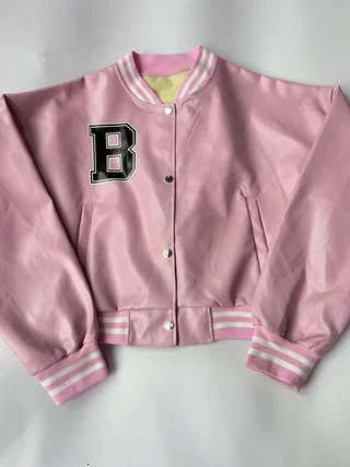 Plus size leather baseball jacket with printed letters top 251029