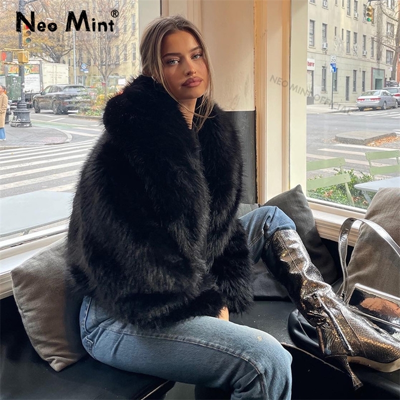 Neo Mint Street Fashion Shawl Collar Faux Fox Fur Coat Women Winter Cool Girls Black Short Fur Jacket Vintage Chic Overcoat 251029