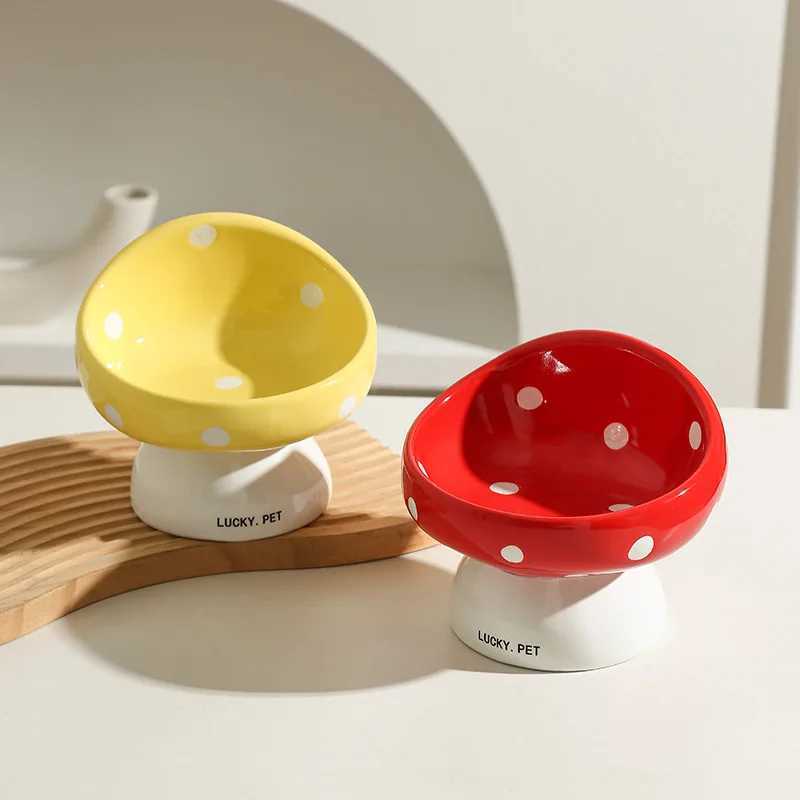 Mushroom cat bowl ceramic neck protection pet cat dog slanted mouth anti knock anti black chin high foot bowl J251113