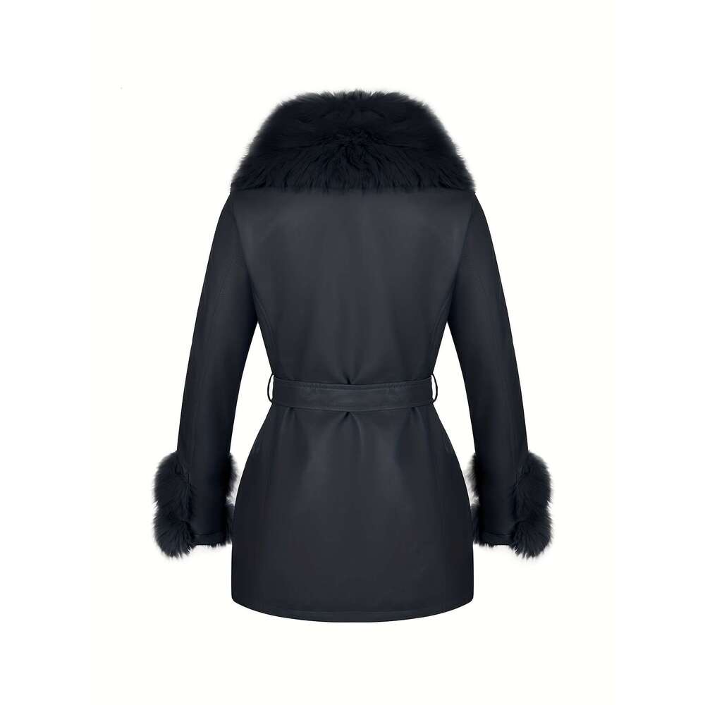 Elegant Jacket Elegant Women S Detachable Faux Fur Collar Belted Jacket Black Coat With Golden Tone Zipper Adjustable Waist Non Stretch Fabric For Fal