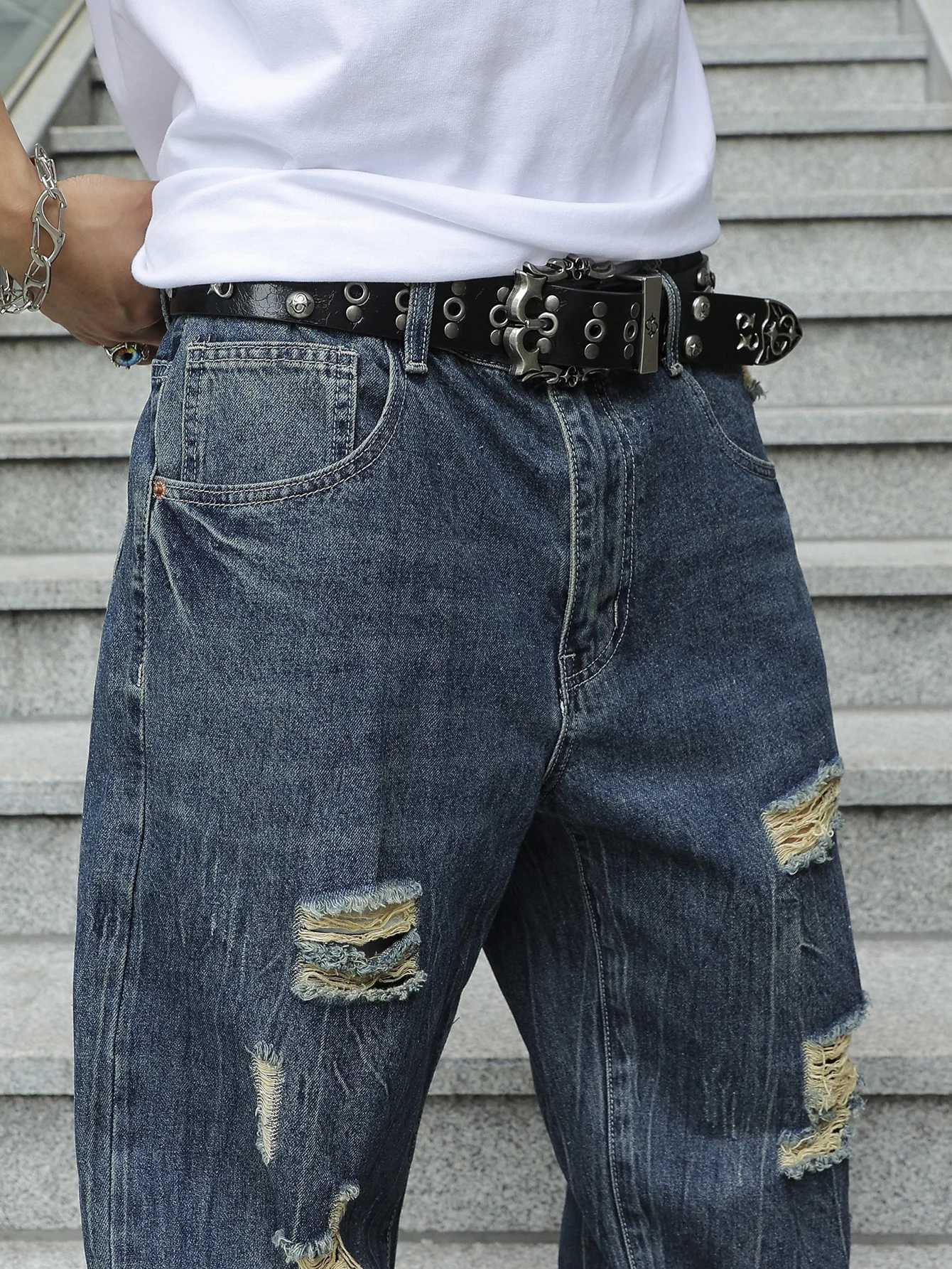 Mens Regular Fit Distressed Jeans Navy Blue Washed Ripped Denim Y2K HipHop Streetwear J251030