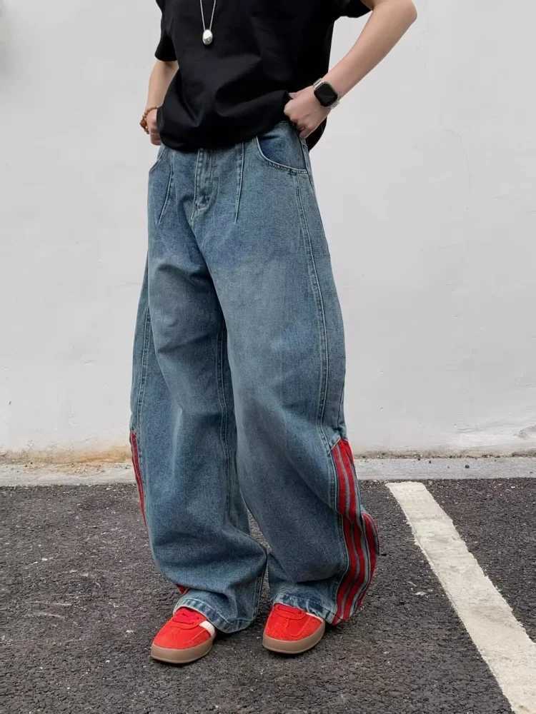 Trashy Y2K 2000S Red Striped Patchwork Washed Blue Baggy Jeans Pants For Men Clothing Wide Leg Korean Casual Lady Denim Trousers J251030