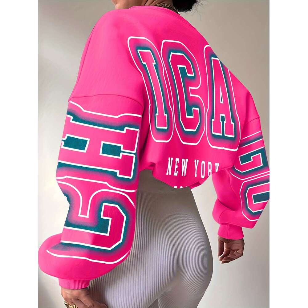 Women's Oversized Graffiti Letter Print Sweatshirt - Bold "New York" Graphic In Teal & Black, Crew Neck Casual Pullover, Hine Washable 