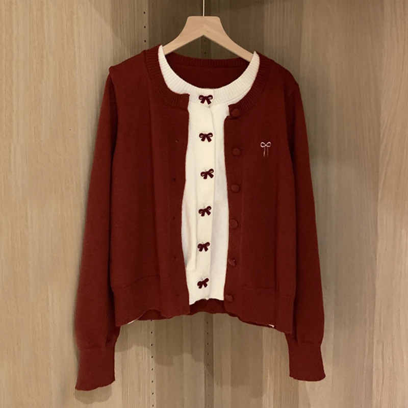 TwoPiece Bowknot Red Cardigans Women Korean Round Neck Long Sleeve Sweater Coats Woman Christmas Knitted Ladies 251028