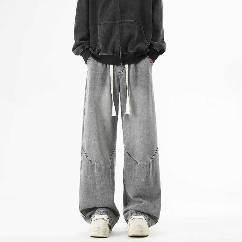 2025 Hiphop Baggy Denim season elastic waist New Korean Mens Jeans American Loose Fit Wideleg Straight Casual Trousers Street J251030